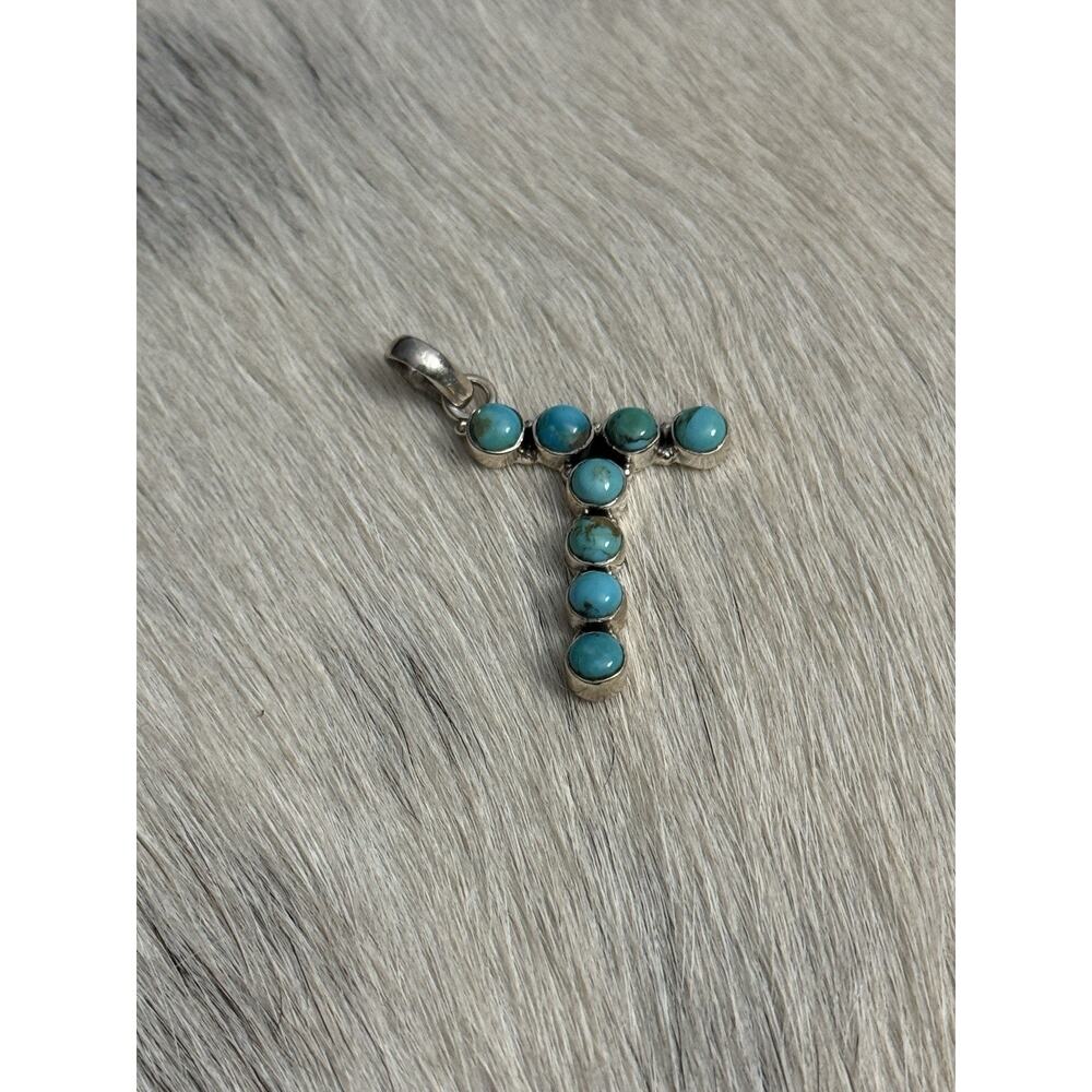 Native American Sterling Silver Round Turquoise Petit Point Initial Letter T - Picture 8 of 10